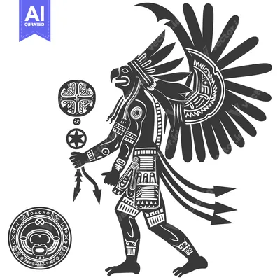 Stylized Illustration of an Aztec Warrior with Feathered Headdress and