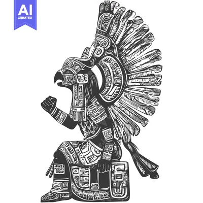 Stylized Illustration of a Seated Aztec Deity with Feathered Headdress