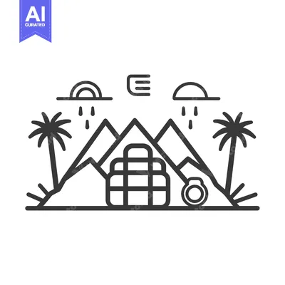 Stylized Line Art Depicting Pyramids in a Desert Landscape with Palm T