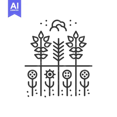 Aset desain premium: Stylized Line Art Illustration of Plants with Clouds and Dots