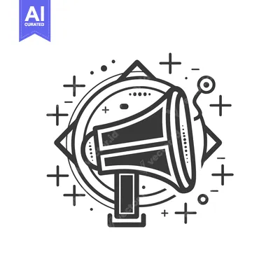 Stylized Megaphone Surrounded by Geometric Shapes and Plus Signs