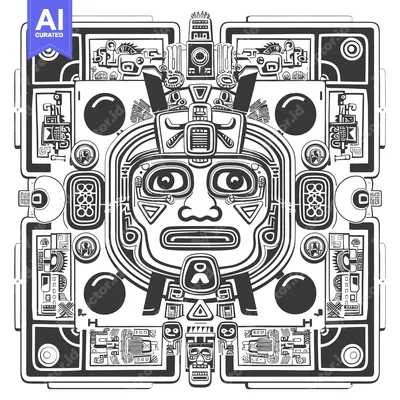 Stylized Monochromatic Illustration of a Mayan Face Surrounded by Geom