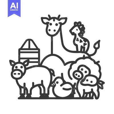 A Black and White Line Drawing of a Pig, Chick, Giraffe, and a Hay Bal