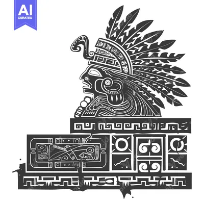 Aset desain premium: Stylized Profile of an Aztec Warrior with a Feather Headdress