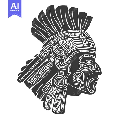 Stylized Profile of an Aztec Warrior with Elaborate Headwear
