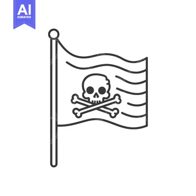 Aset desain premium: A black and white line drawing of a pirate flag with a skull and cross