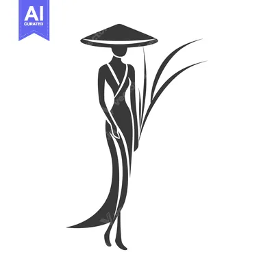 Popular premium asset: Stylized Silhouette of a Woman in a Conical Hat Holding Grasses