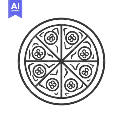 A  black and white line drawing of a pizza with eight slices