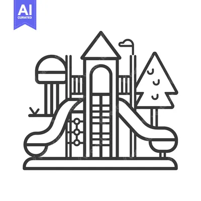 A Black and White Line Drawing of a Playground with a Slide, Tower, an