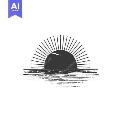 Stylized Sunset Over Water With Sun Rays and a Bird