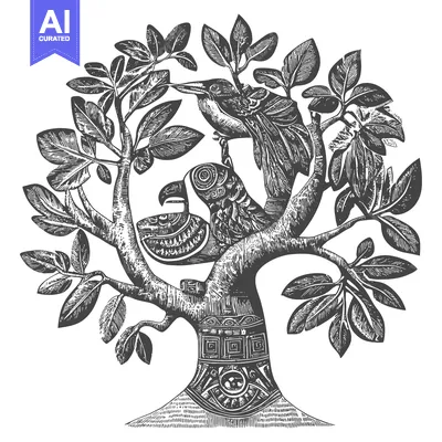 Aset premium populer: Stylized Tree with Two Birds Perched on Branches