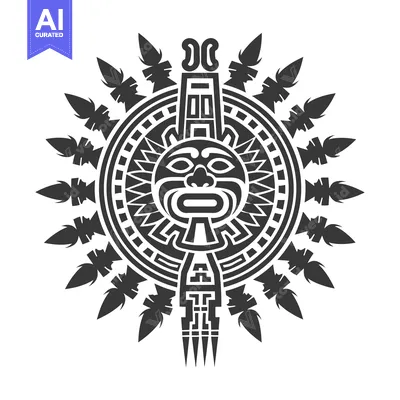 Premium design asset: Stylized Tribal Sun Face with Geometric Patterns and Feathers