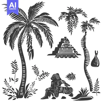 Aset desain premium: Stylized Tropical Jungle Scene with Palm Trees, Pyramid, and Figure