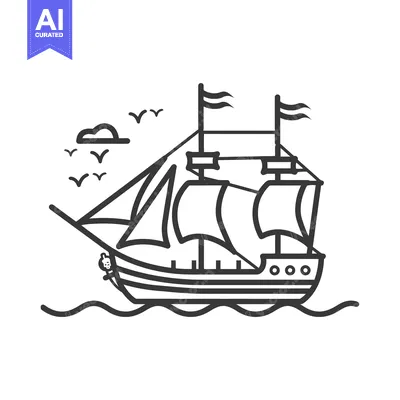 A Black and White Line Drawing of a Sailing Ship with Flags and Birds