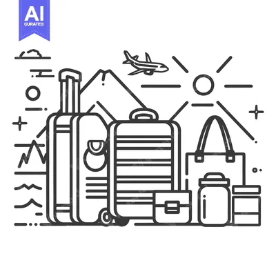Suitcases, bags, and travel essentials with a plane, sun, and mountain
