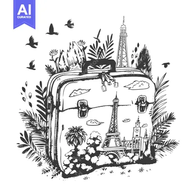 Suitcase with Cityscape and Birds Flying Around