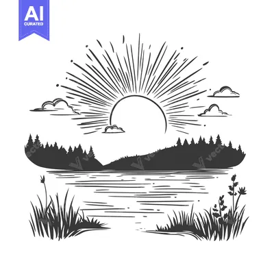 Sunrise Over a Tranquil Lake with Forest Silhouette and Grassy Shores