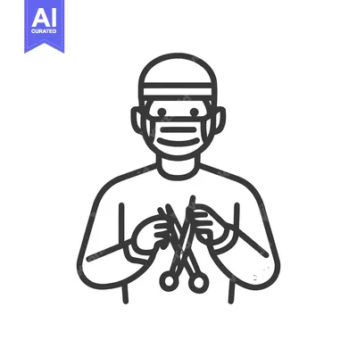 Surgeon Icon: Masked Doctor Holding Surgical Scissors, Line Art