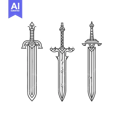 Aset premium populer: Three Stylized Swords: Minimalist Line Art on White Background