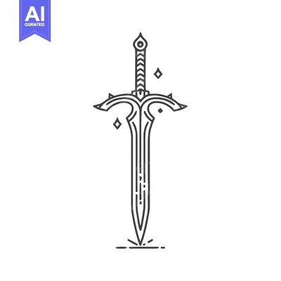 Aset premium populer: Elegant Line Art: Fantasy Sword with Diamonds and Ground Impact