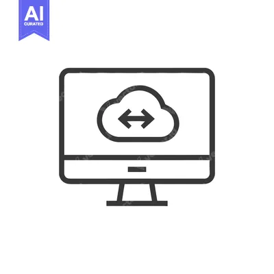 Cloud Data Transfer on Computer Screen, Minimalist Line Art Icon