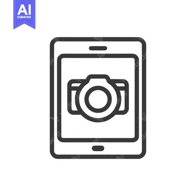 Tablet Displaying Camera Icon, Minimalist Line Art, Photography App Co