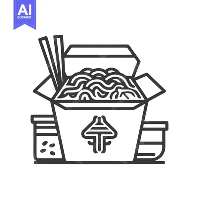Aset desain premium: Minimalist Takeout Noodles Icon: Box, Chopsticks, and Sauce Containers