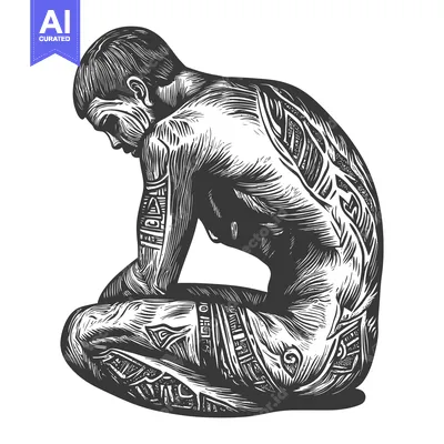 Tattooed Man Sitting with Head Down, Black and White Illustration
