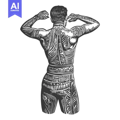 Tattooed Man Standing With Arms Raised, Back View
