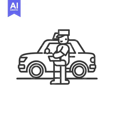 Taxi Driver Standing Beside Car in Outline Style
