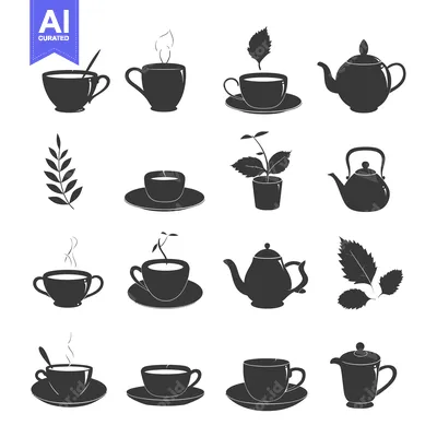 Teacups, Teapots, and Tea Leaves in a Black and White Silhouette Desig
