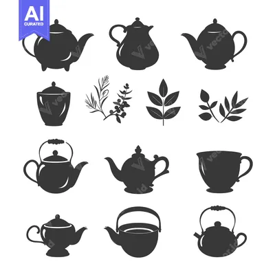 Teapot and Teacup Silhouettes with Leaf Illustrations