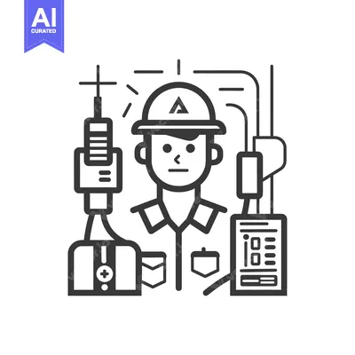 Technician with Tools and Equipment, Line Art Illustration