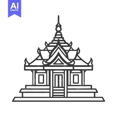 Minimalist Line Art: Traditional Thai Temple Architecture Illustration