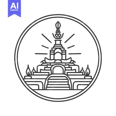Intricate Line Art: Temple with Candles in Circular Frame, Minimalist