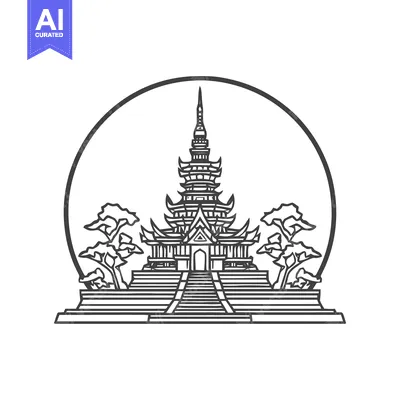 Minimalist Pagoda Illustration with Trees in Circular Frame Design