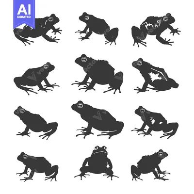 Ten Black and White Silhouettes of Frogs in Various Poses