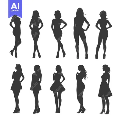 Aset desain premium: Ten Black Silhouettes of Women in Dresses and Heels