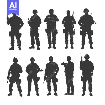 Ten Silhouettes of Soldiers in Full Military Gear