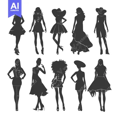 Aset desain premium: Ten Silhouettes of Women in Various Fashionable Outfits