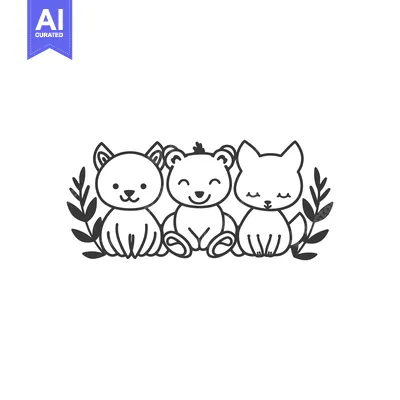 Aset premium populer: Three Adorable Cartoon Animals Sitting in a Row with Leaves