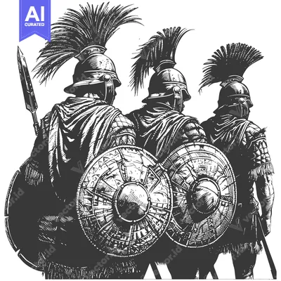 Three Ancient Roman Soldiers with Shields and Weapons