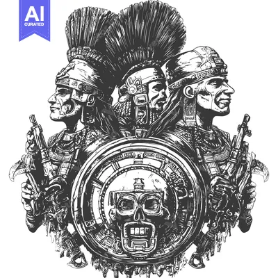 Three Aztec Warriors With Guns and Skull Shield