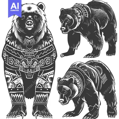Aset desain premium: Three Bears with Tribal Patterns and Claws