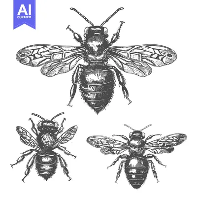 Three Bees in a Detailed Hand-Drawn Illustration
