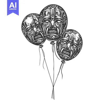 Aset desain premium: Three Black and White Balloons with Tribal Masks