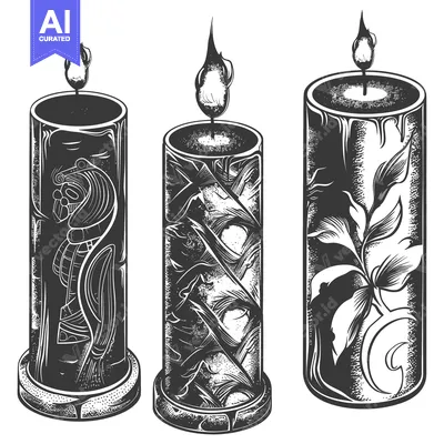 Three Black and White Candles with Intricate Designs and Flames