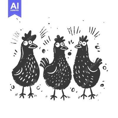 Three Black and White Cartoon Chickens with Large Eyes