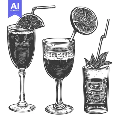 Three Black and White Cocktails with Lemon and Mint Garnishes