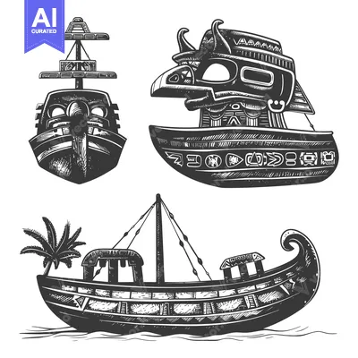 Three Black And White Drawings Of Ancient Boats